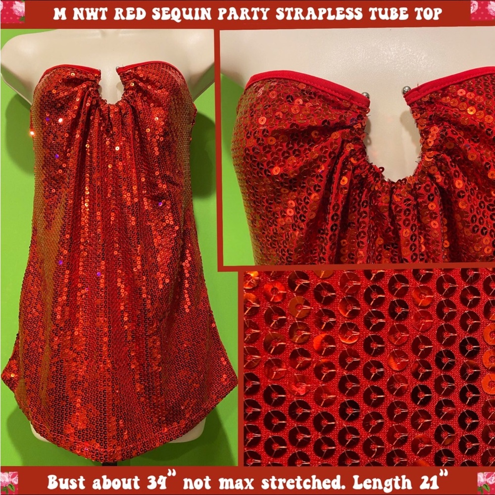 BEAUTIFUL SPARKLY M NWT SEXY STRAPLESS TOP RED SEQUINED FRONT & BACK PARTY TOP